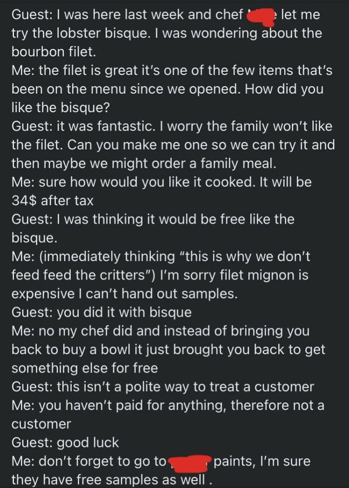 A chat screenshot showing entitled people demanding free expensive food samples from a restaurant employee.