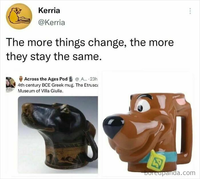 History memes comparing a 4th century Greek dog-shaped mug to a modern Scooby-Doo mug.
