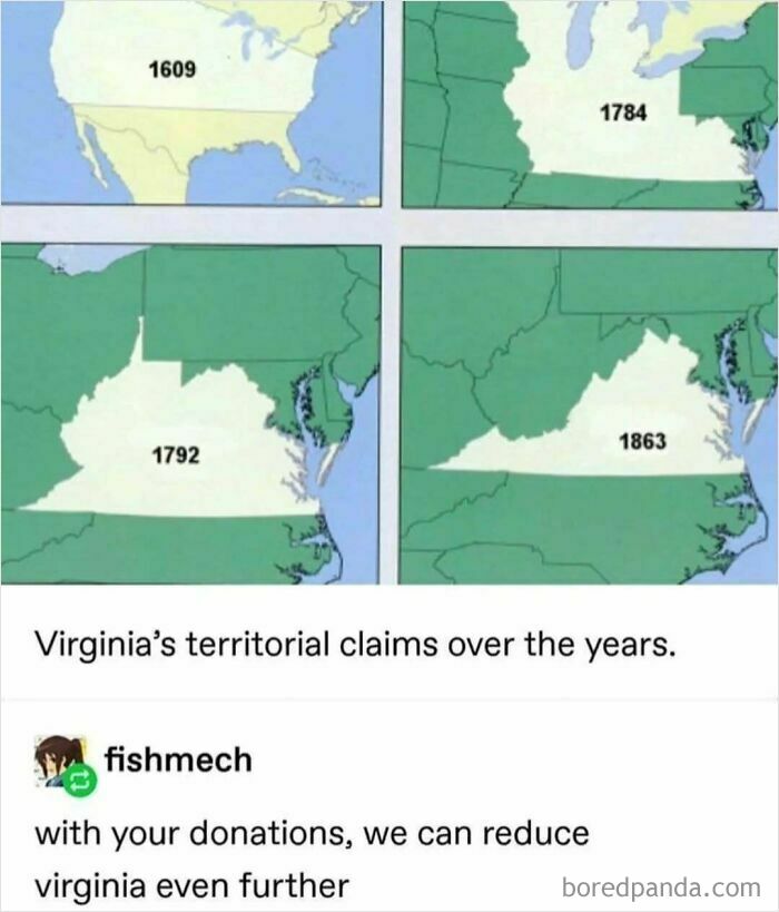 History memes showing the gradual reduction of Virginia's territorial claims over the years.
