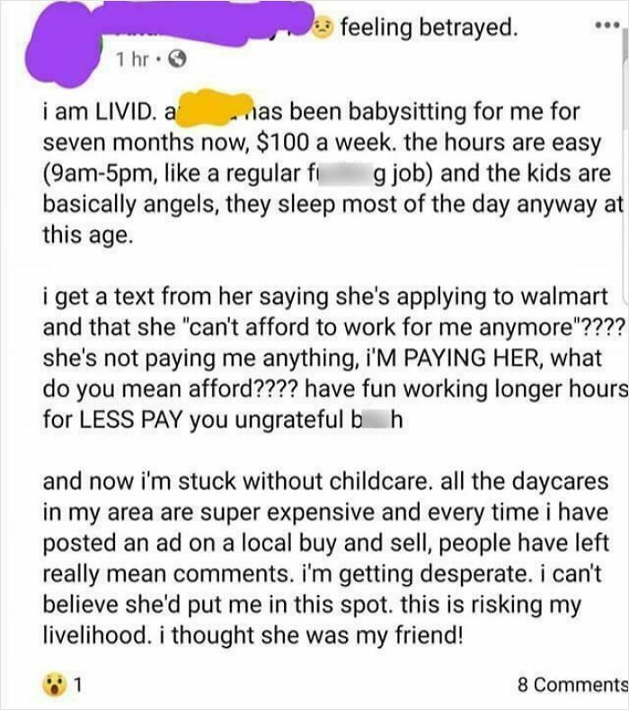 A Facebook post screenshot of entitled people complaining about their underpaid babysitter quitting.