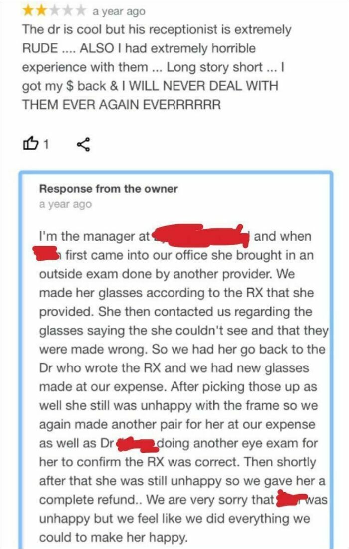 A review and owner response showcasing entitled people complaining after receiving free services.