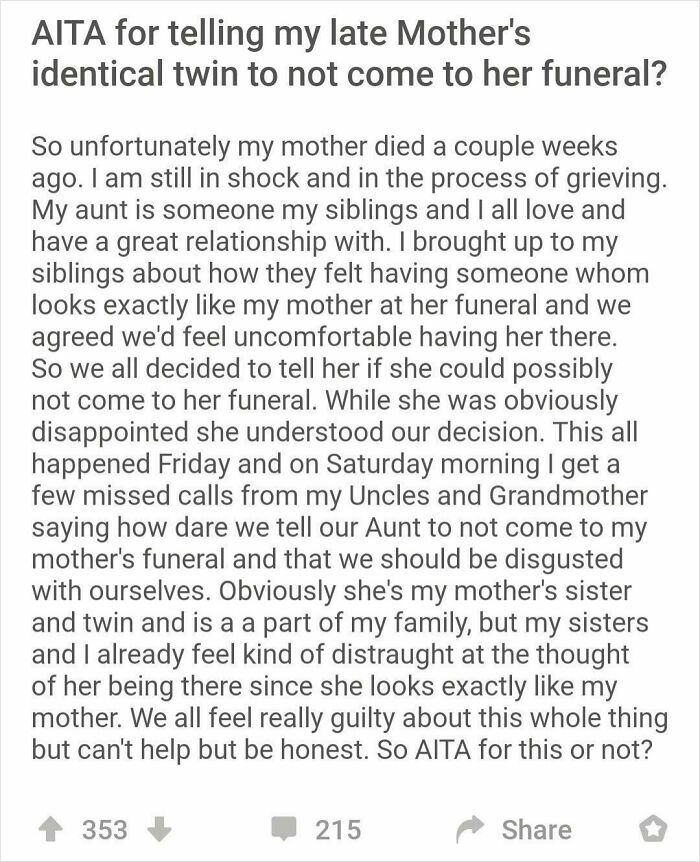 A Reddit post screenshot discussing entitled people who banned their mother’s identical twin from her funeral.