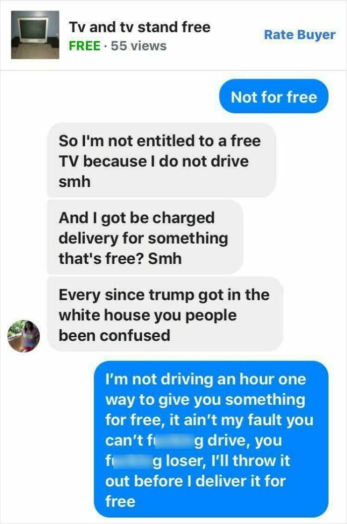 A marketplace chat screenshot of entitled people demanding free delivery for a free television.