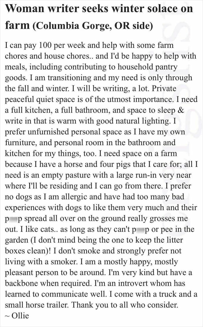 A Craigslist ad showing entitled people expecting a complete farm setup for themselves and their animals for cheap.