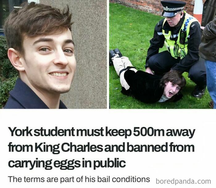 A news screenshot of a York student banned from carrying eggs, featured in British memes.