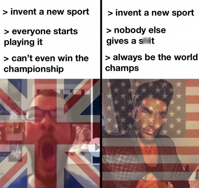 A side-by-side meme comparing sports inventions in the UK and US, illustrating British memes