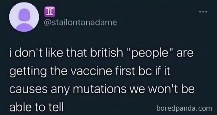 A humorous social media post questioning the side effects of vaccines, highlighting British memes