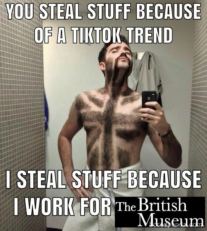 A man with chest hair shaved into a Union Jack, humorously representing British memes about the British Museum