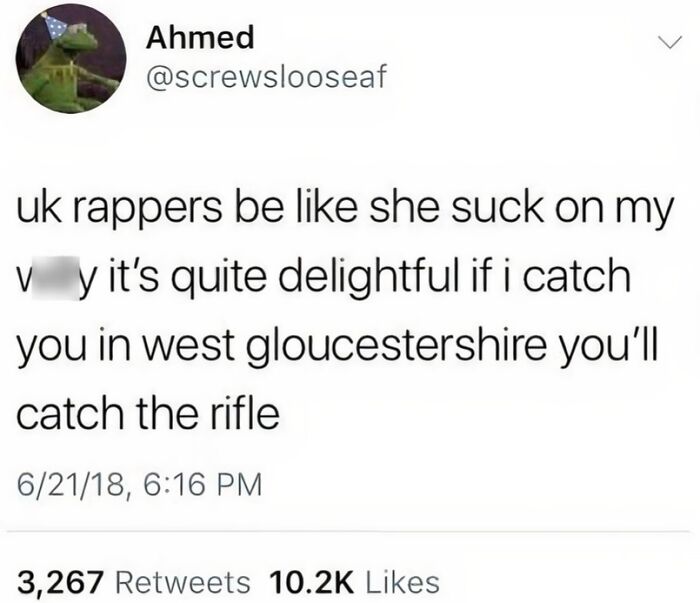 Tweet about UK rappers using polite British phrasing, showcasing popular British memes
