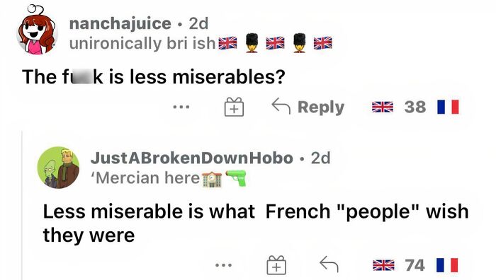 Online comment thread about the French and British, representing humorous British memes