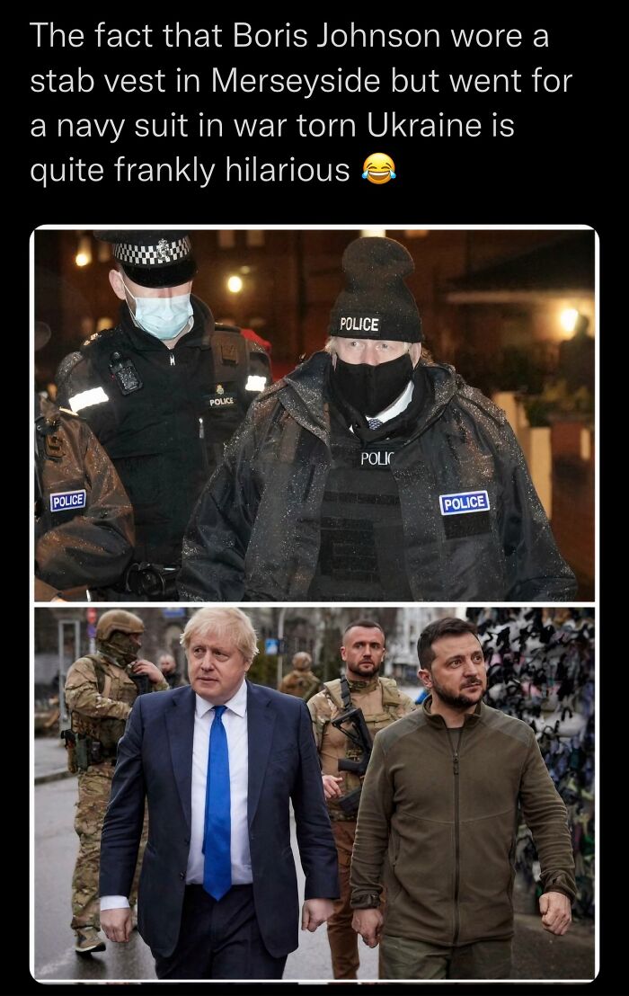 A comparison image showing Boris Johnson in a police vest and in a suit, shared in British memes.