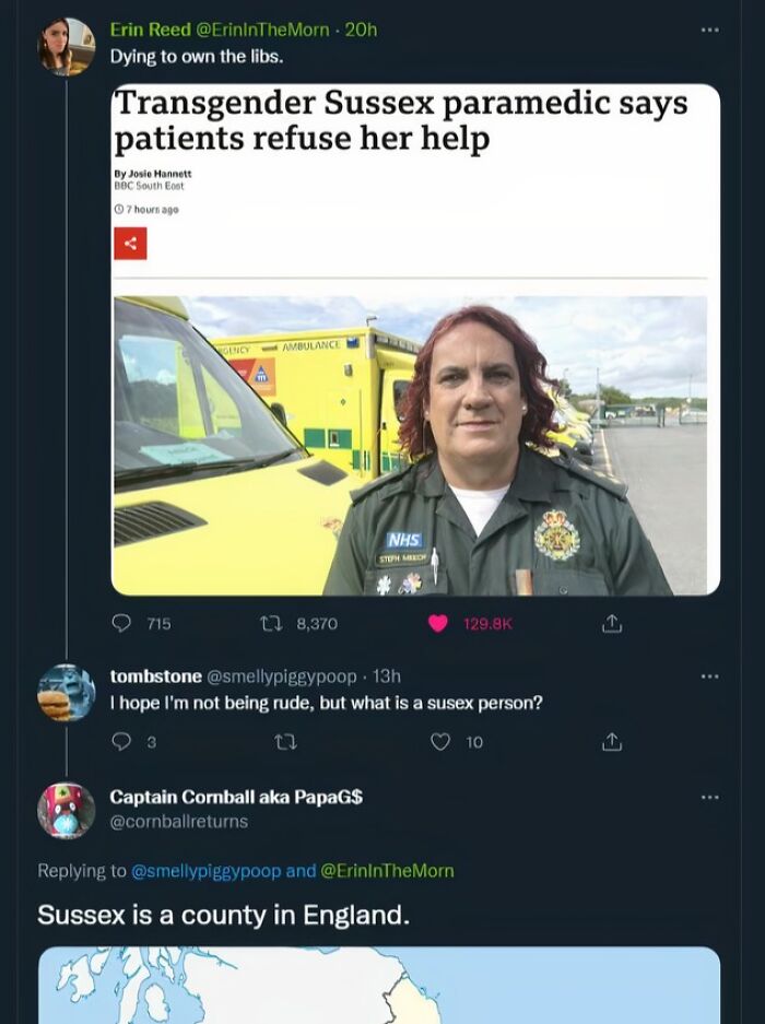 Social media screenshot displaying British memes about a Sussex paramedic and geographical confusion.