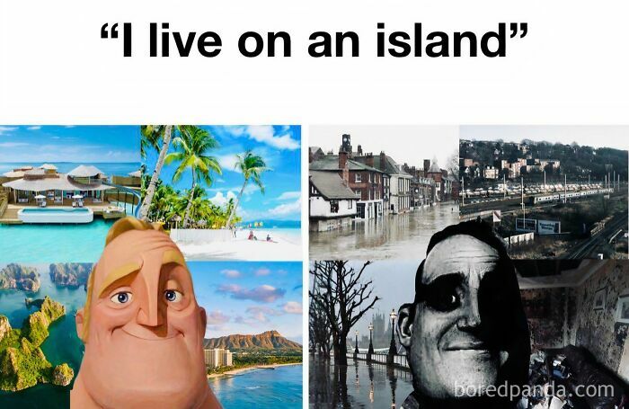 Mr. Incredible meme contrasting a tropical island with British memes about living on a gloomy island