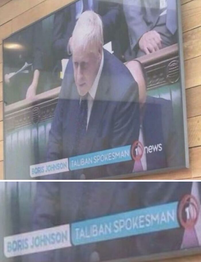 News broadcast screenshot showing Boris Johnson with a Taliban Spokesman banner, a classic in British memes