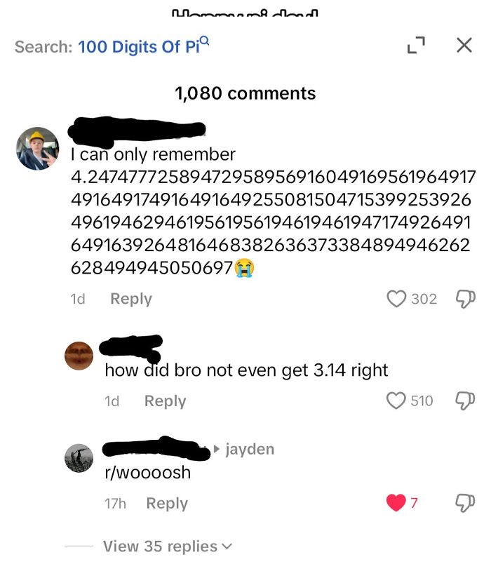 A social media thread showing a user who corrected an obvious joke about the digits of Pi.