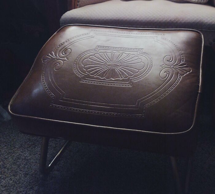 Vintage brown leather footstool, cozy thrift store finds