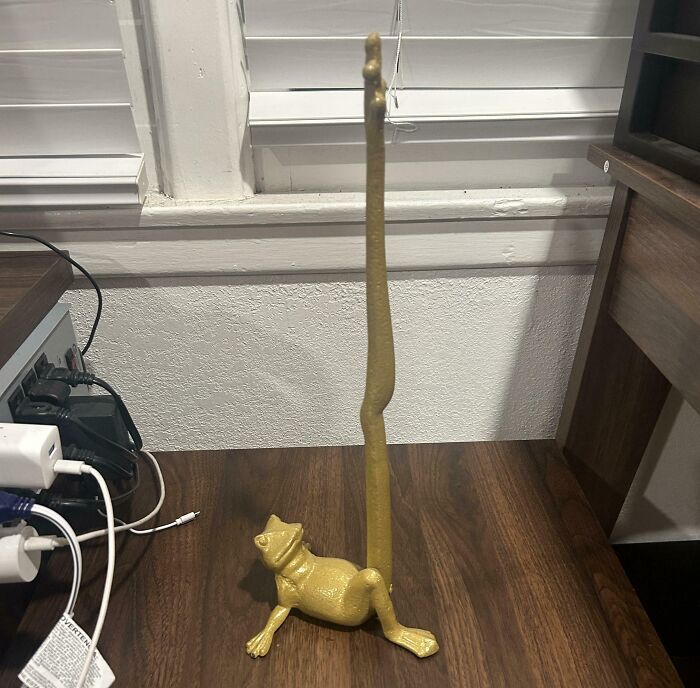A gold-painted frog-shaped paper towel holder, one of many unique thrift store finds