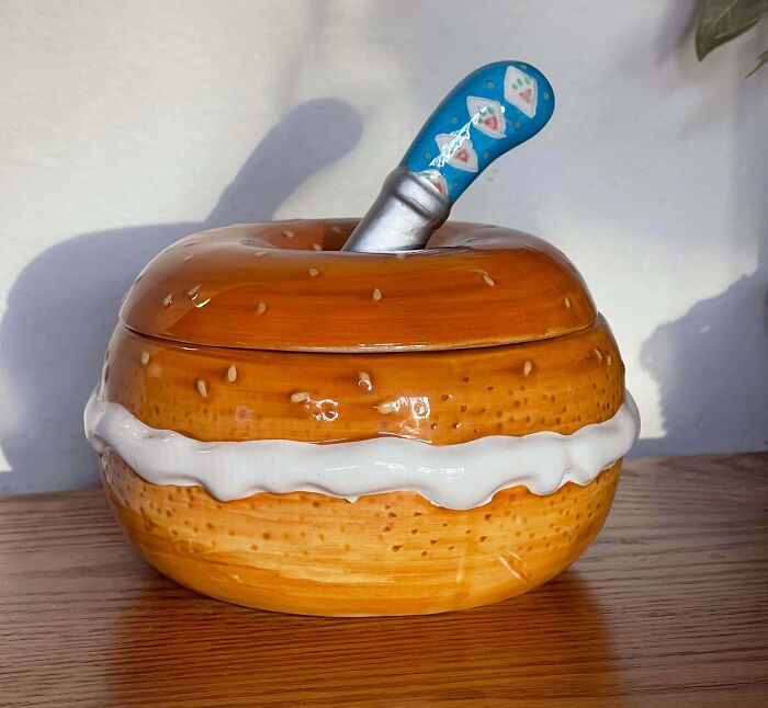 Ceramic bagel with cream cheese jar, unique thrift store finds