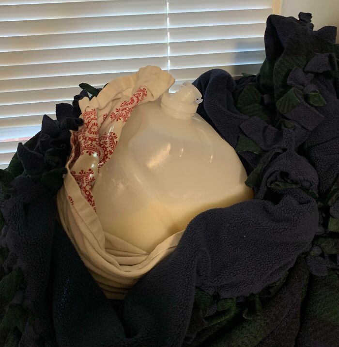 A milk jug wrapped in a shirt and blanket, illustrating weird roommate stories.