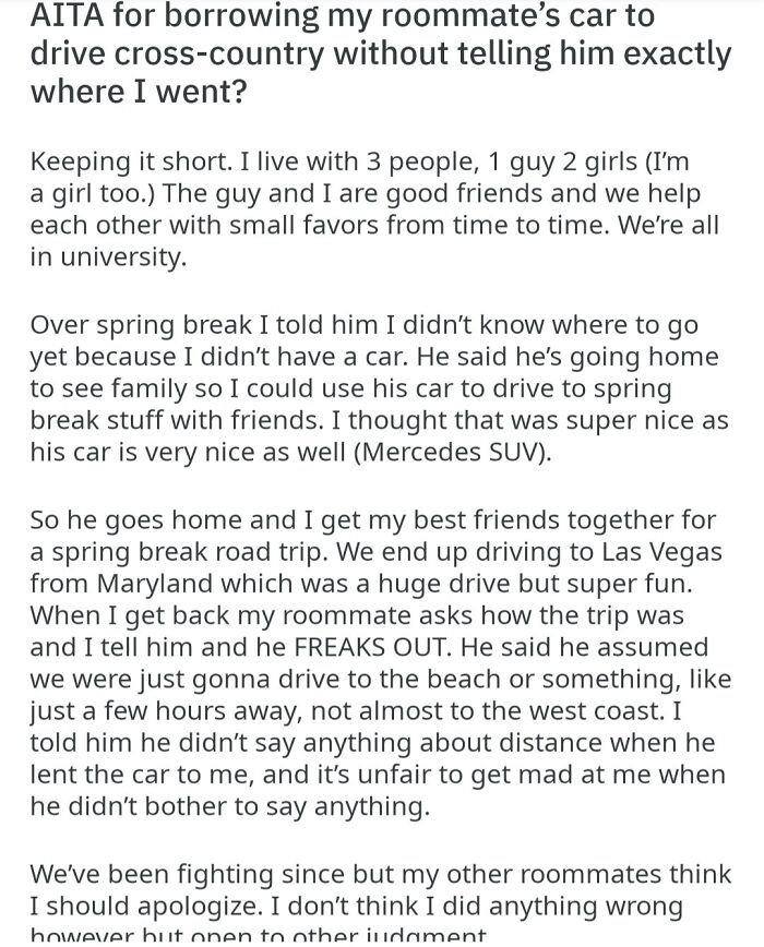 An AITA Reddit post highlighting roommate stories regarding borrowing a car for a road trip