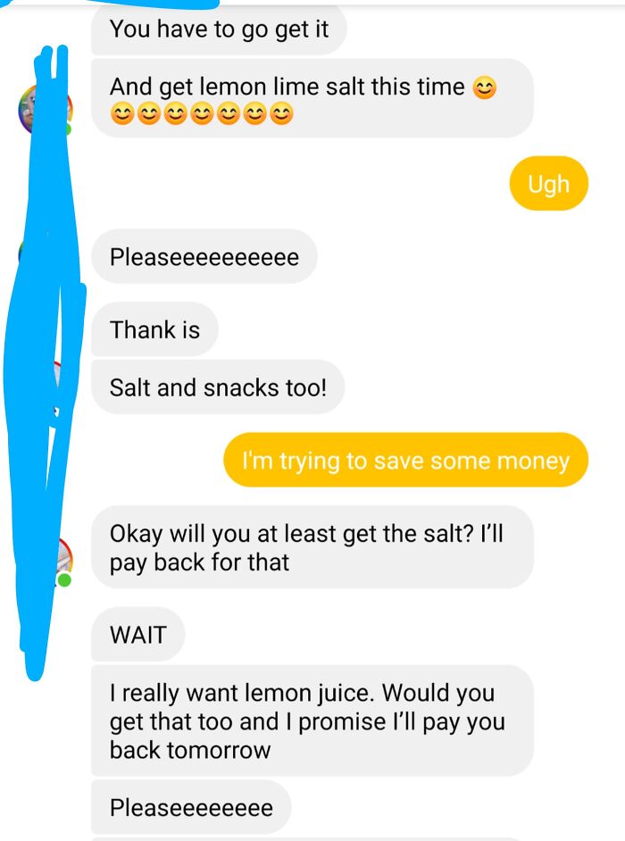 Text messages of a roommate asking to buy snacks showing annoying roommate stories