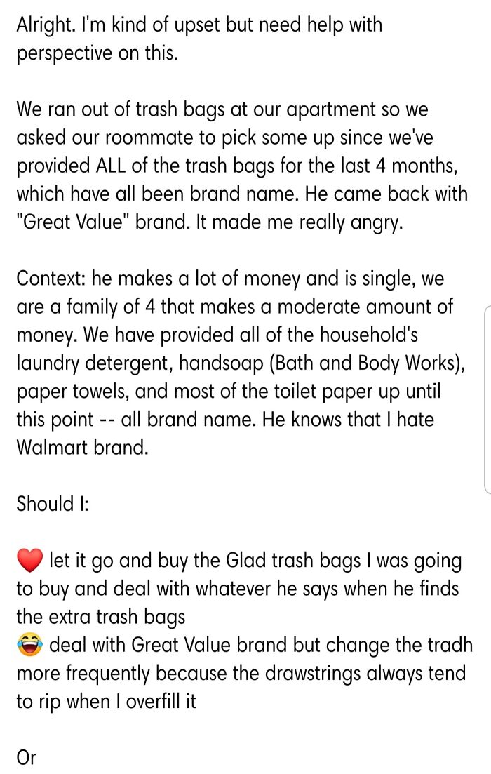 A social media post complaining about cheap trash bags bought by a flatmate, showing petty roommate stories.