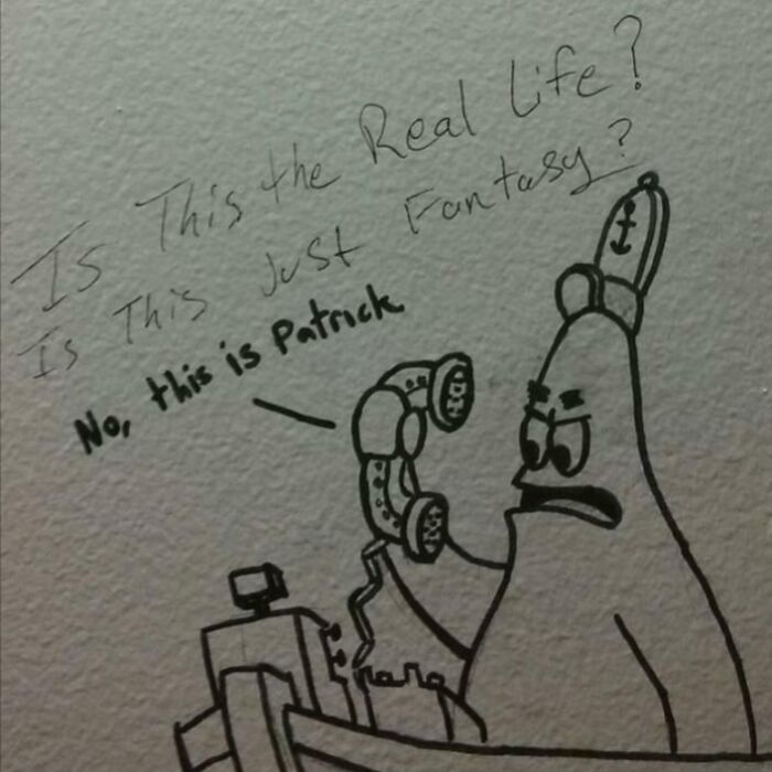 Vandalism showing a clever Patrick Star graffiti drawing with a funny SpongeBob reference.