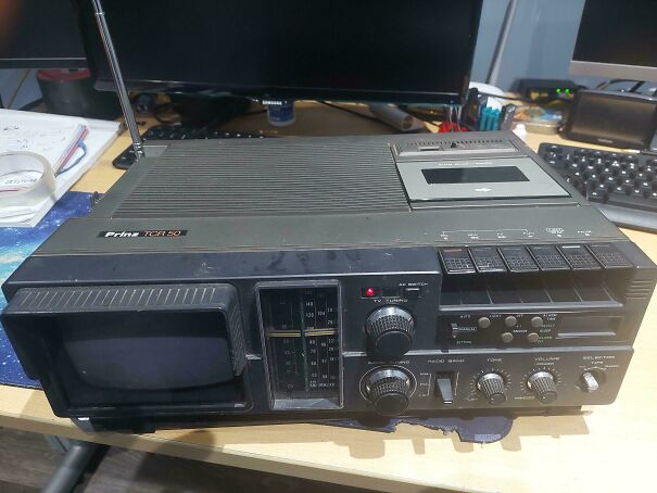 A Prinz TCR 50 boombox with an integrated small TV screen and cassette player, showcasing vintage tech finds