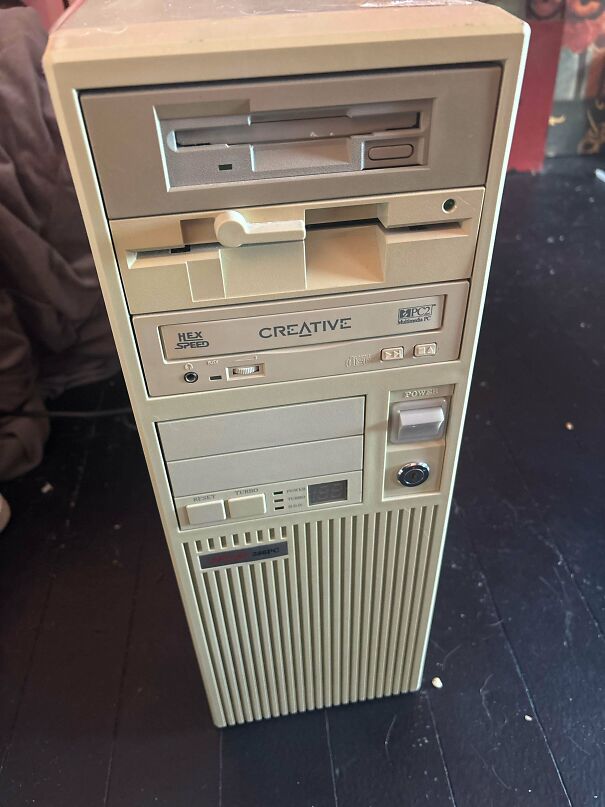 An old beige Creative desktop computer tower as a classic vintage tech find