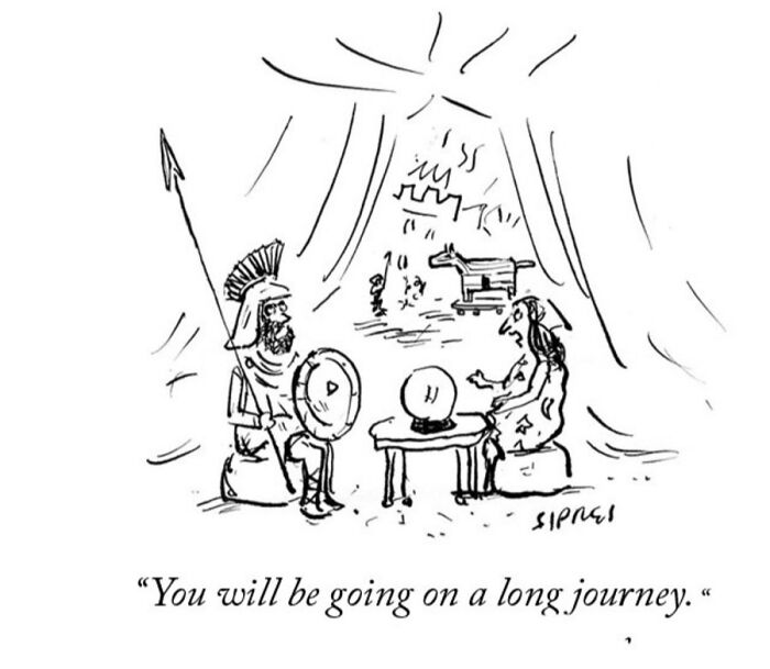 A New Yorker cartoon depicting a fortune teller and an ancient Greek soldier with a Trojan horse.