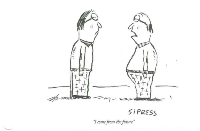 A New Yorker cartoon showing two men in pajamas looking at each other as one says he is from the future