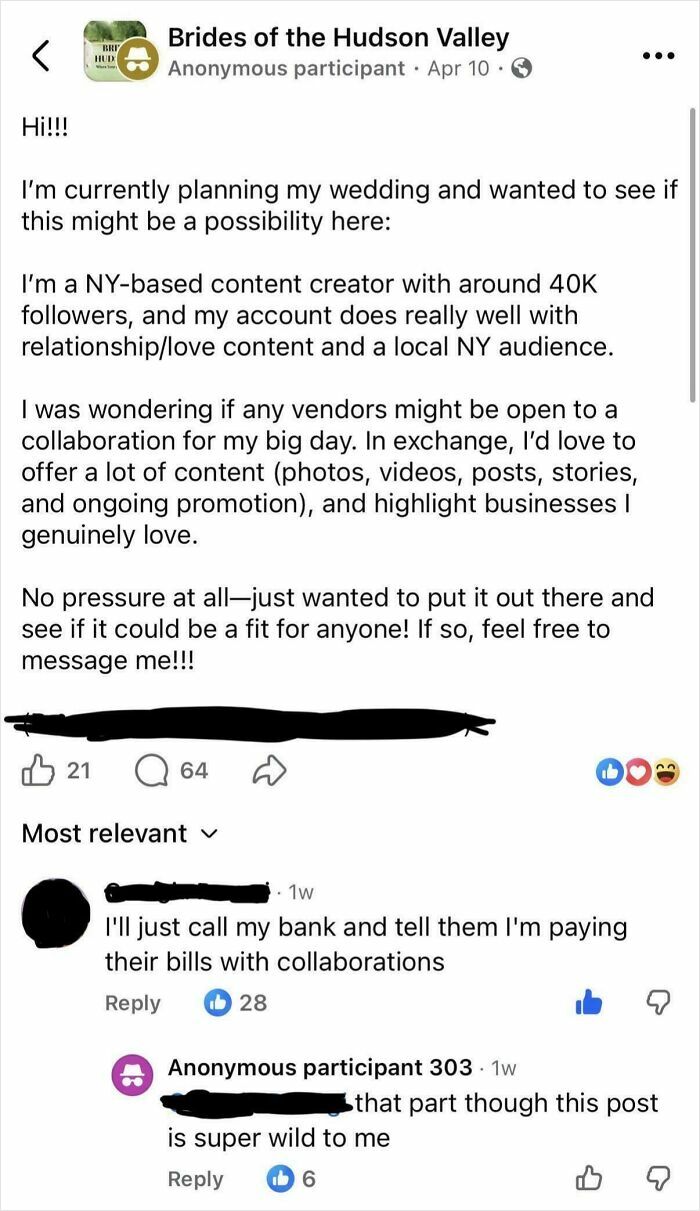 “Influencer” Bride Wants Free Wedding In Exchange For “Exposure”