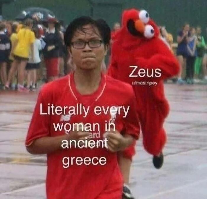 Zeus chasing a runner meme depicting historical and mythological history memes