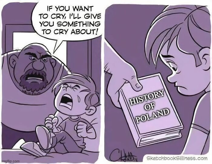 Funny history meme about a crying boy being handed a book titled History of Poland by an angry man.