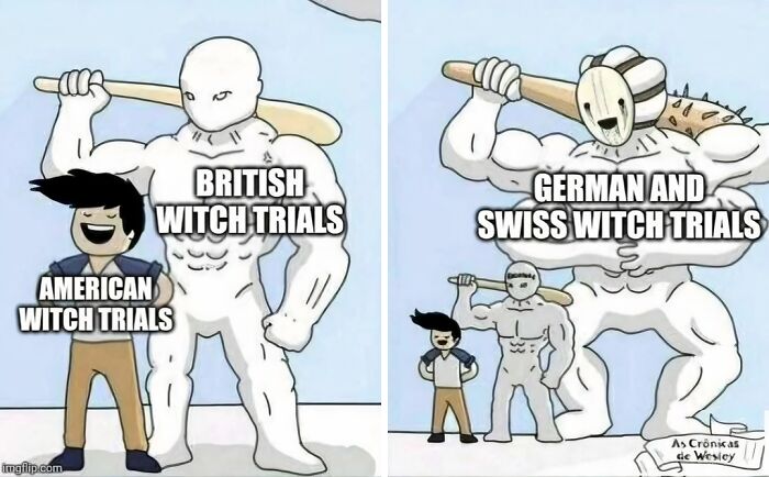 A humorous history meme showing muscle-bound characters comparing witch trials in America, Britain, Germany, and Switzerland