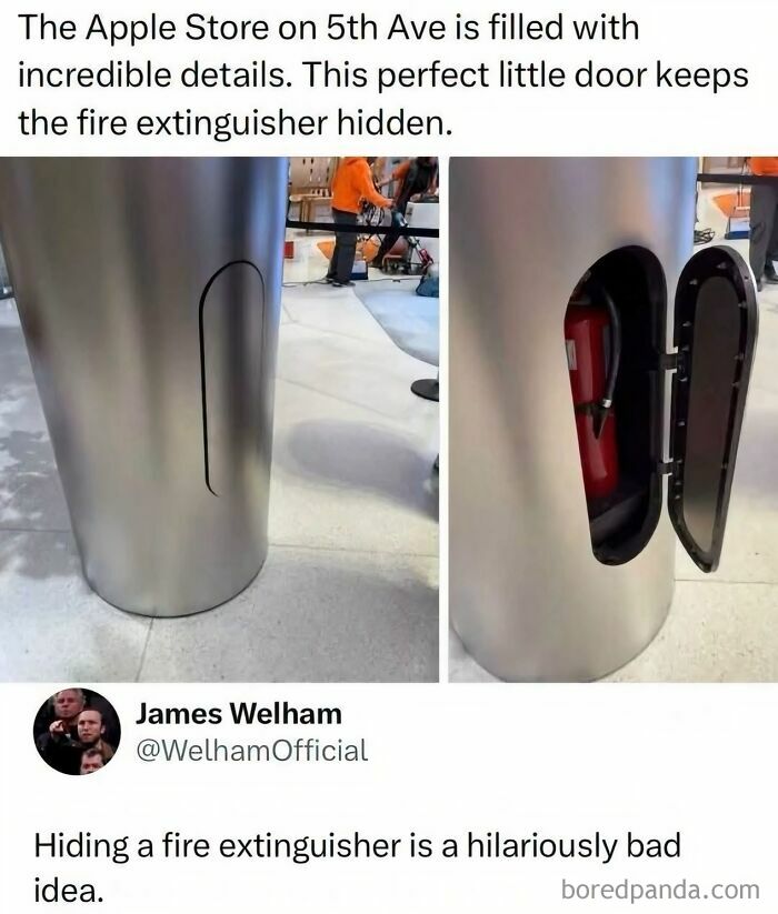 A fire extinguisher hidden inside a sleek metal pillar featured in edgy memes.