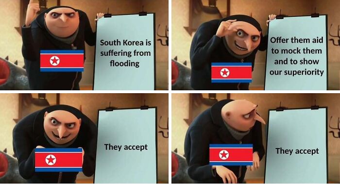 Gru presentation template history memes depicting a humorous political standoff between North and South Korea