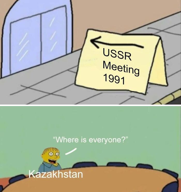 Simpson cartoon meme showing Kazakhstan left alone in the USSR, from history memes