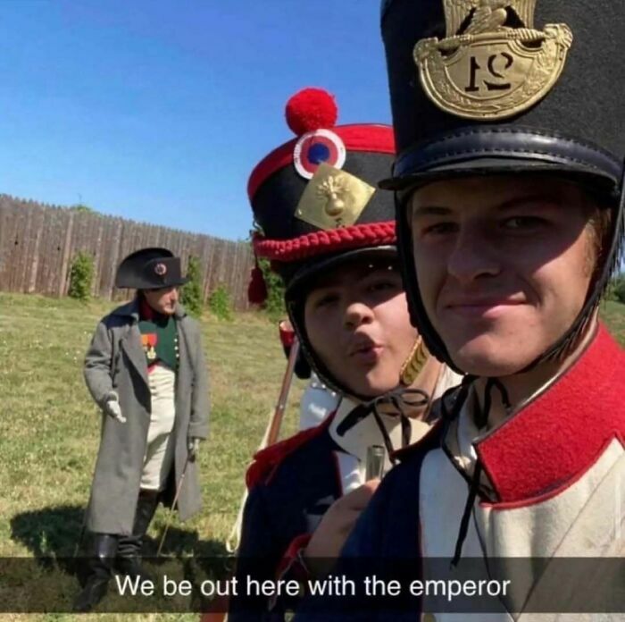 Funny history memes about a soldier taking a selfie with Napoleon Bonaparte in the background