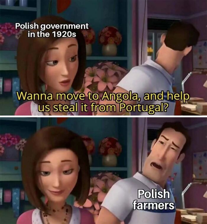 A humorous history meme showing Polish farmers reacting with confusion to the Polish government in the 1920s.