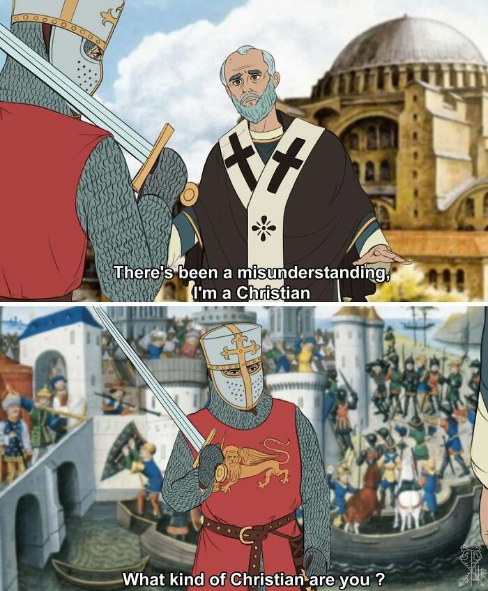 Comical history memes of a crusader questioning a Byzantine Christian during the sack of Constantinople