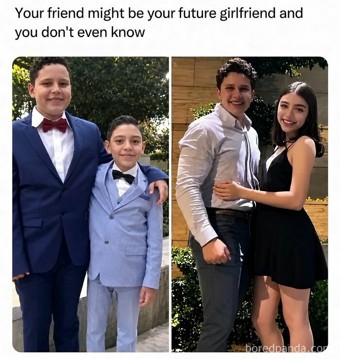 Side-by-side comparison of childhood friends and a modern couple in edgy memes.