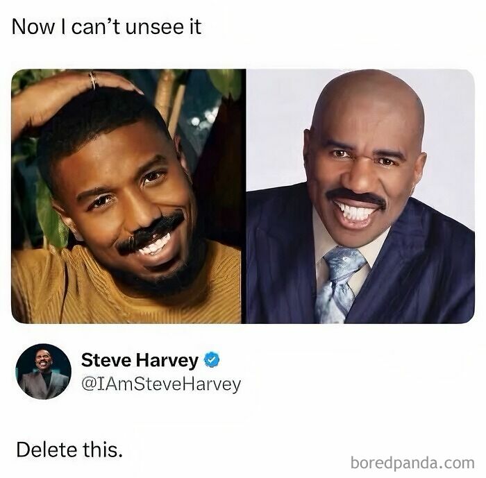 Edgy memes featuring Michael B. Jordan with Steve Harvey's teeth next to Steve Harvey.