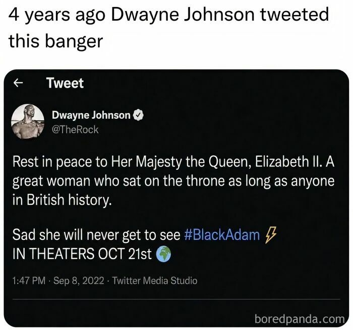 A humorous mock tweet about Dwayne Johnson and Queen Elizabeth, fits edgy memes.