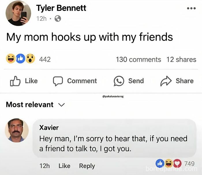 A humorous social media post from a page featuring edgy memes, with a comment by Xavier.