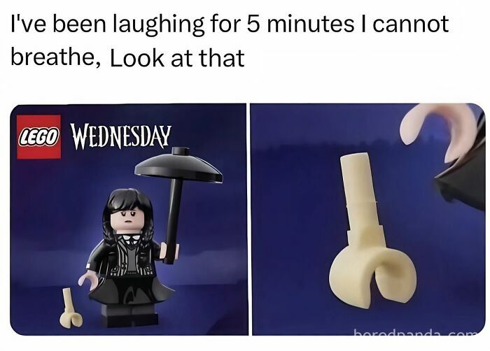 An edgy memes image showing a Lego Wednesday figure alongside a disconnected hand piece.
