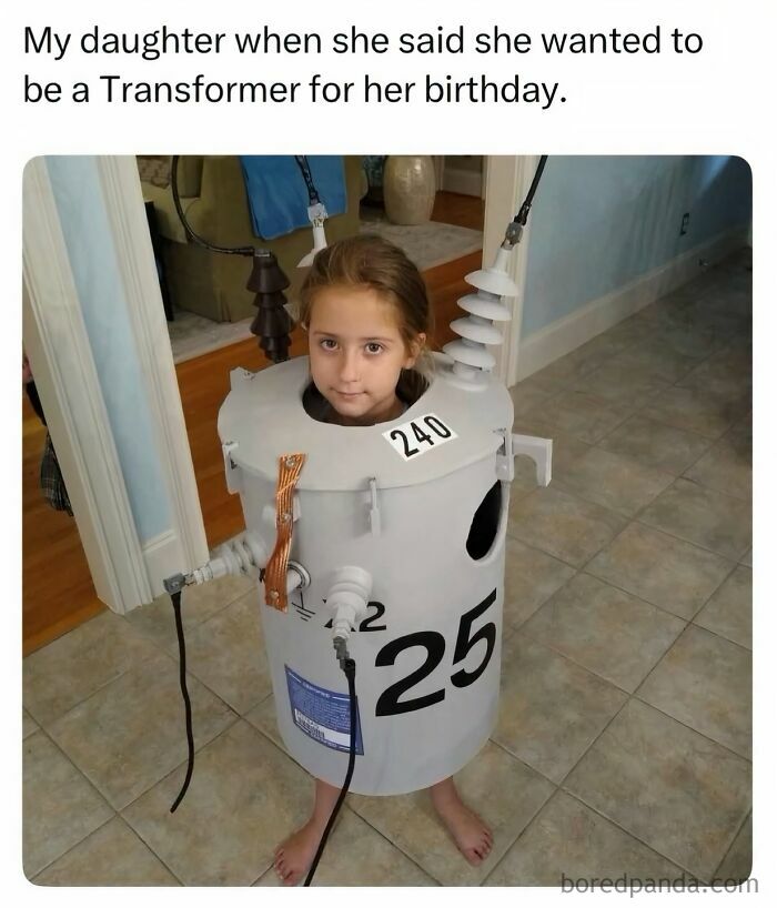 A girl dressed as a literal electrical transformer for Halloween, showcasing edgy memes