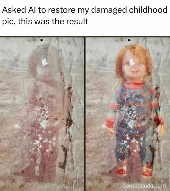 A funny side-by-side meme comparison of a damaged photo restored into a scary Chucky doll, perfect for edgy memes.