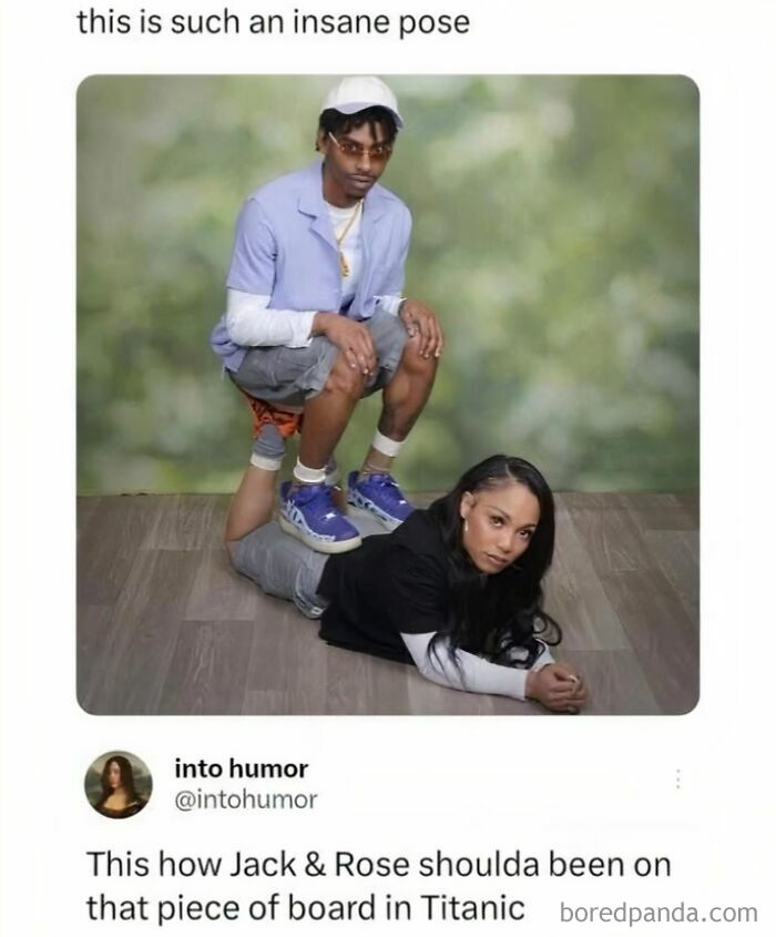 Edgy memes featuring a man crouching on a woman's back in a bizarre studio portrait pose.