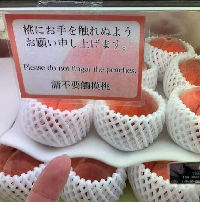 Peaches in protective netting behind a sign with mistranslated text, illustrating a funny advertising fail.